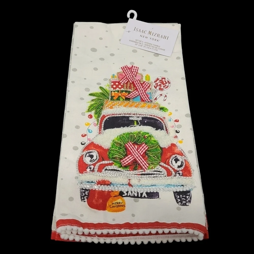 x2 Isaac Mizrahi Embellished 3D Christmas Red Truck Kitchen Towel Set New